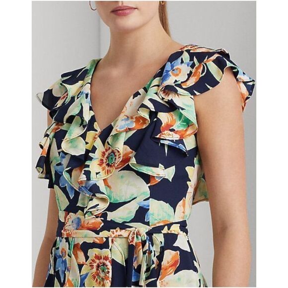 Lauren Ralph Lauren Floral Crinkle Georgette Gown Ruffled Maxi Dress Women's 14 - Picture 6 of 11